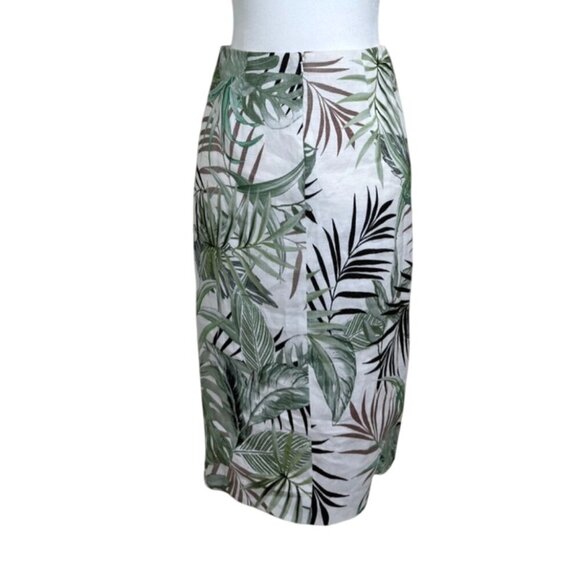 Worth New York Pencil Skirt Front Slit Tropical Print Green White Linen Size 0 - Picture 8 of 10